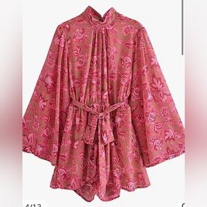 Imani Floral Bell Sleeve Open Back Romper Dress Pink Medium